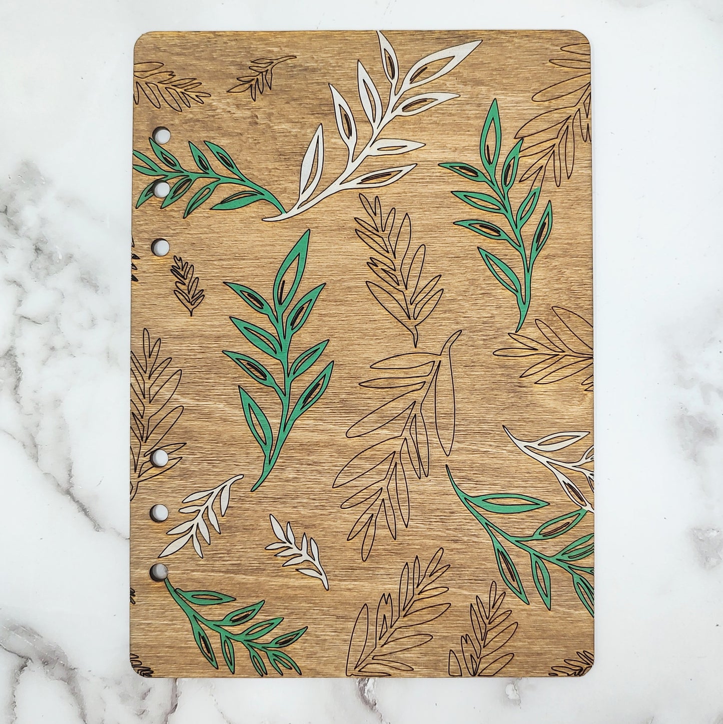*NEW Version* White and Green Leaves A5 Wooden Notebook