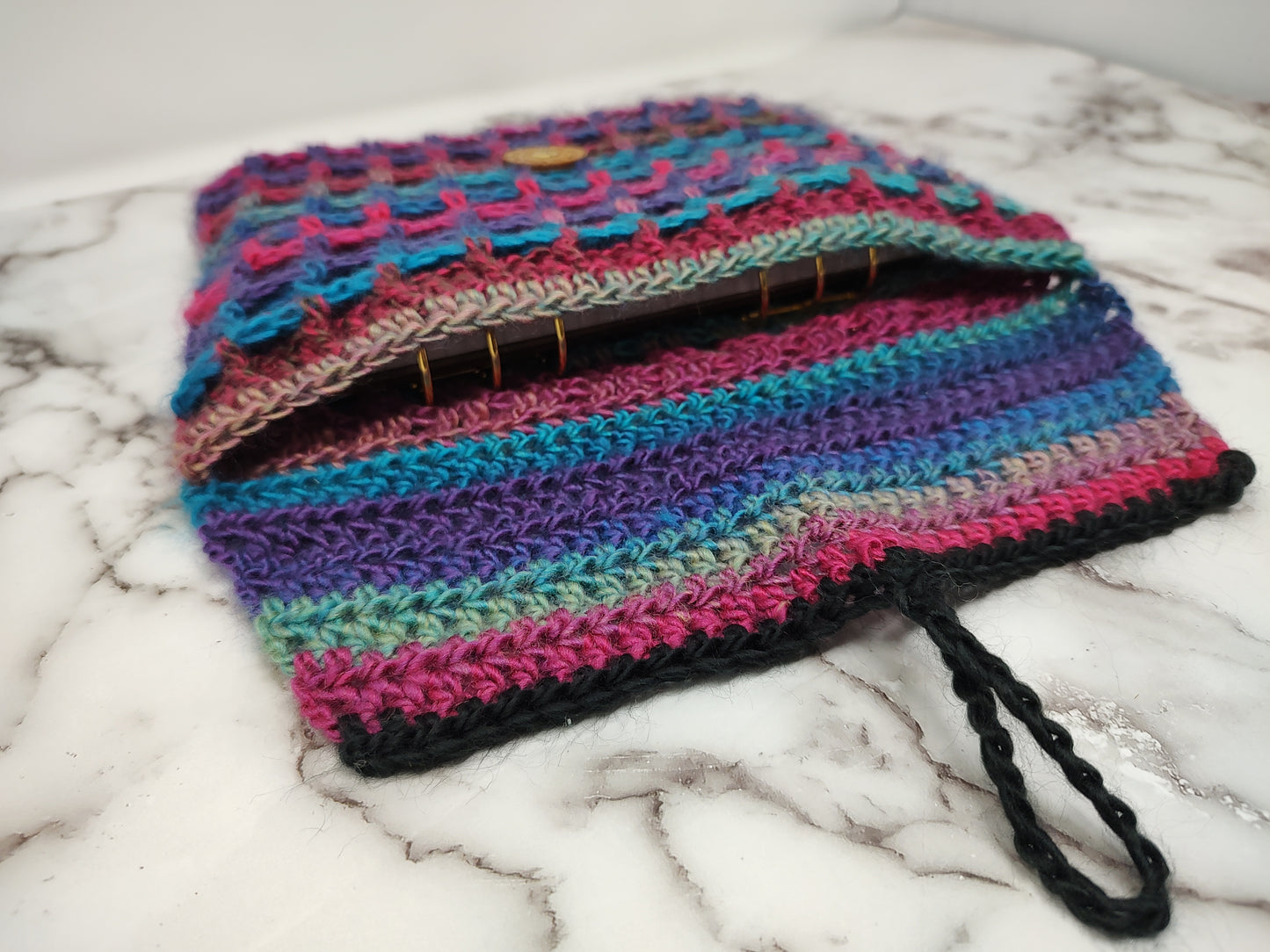 Horizontal Variegated & Black Waffle Stitch Crochet Book Sleeve