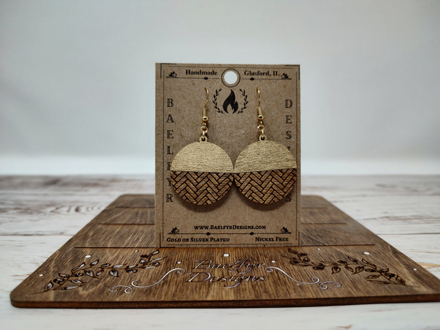 Gold and Herringbone Wooden Earrings