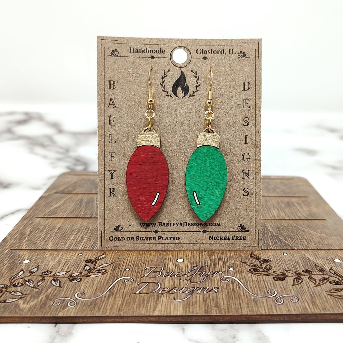 Christmas Bulb Green and Red Wooden Earrings