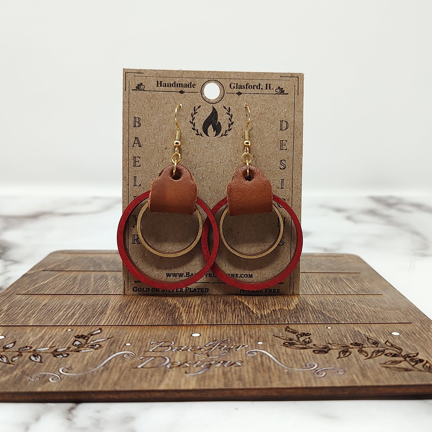 Red and Gold Wooden Hoop Earrings