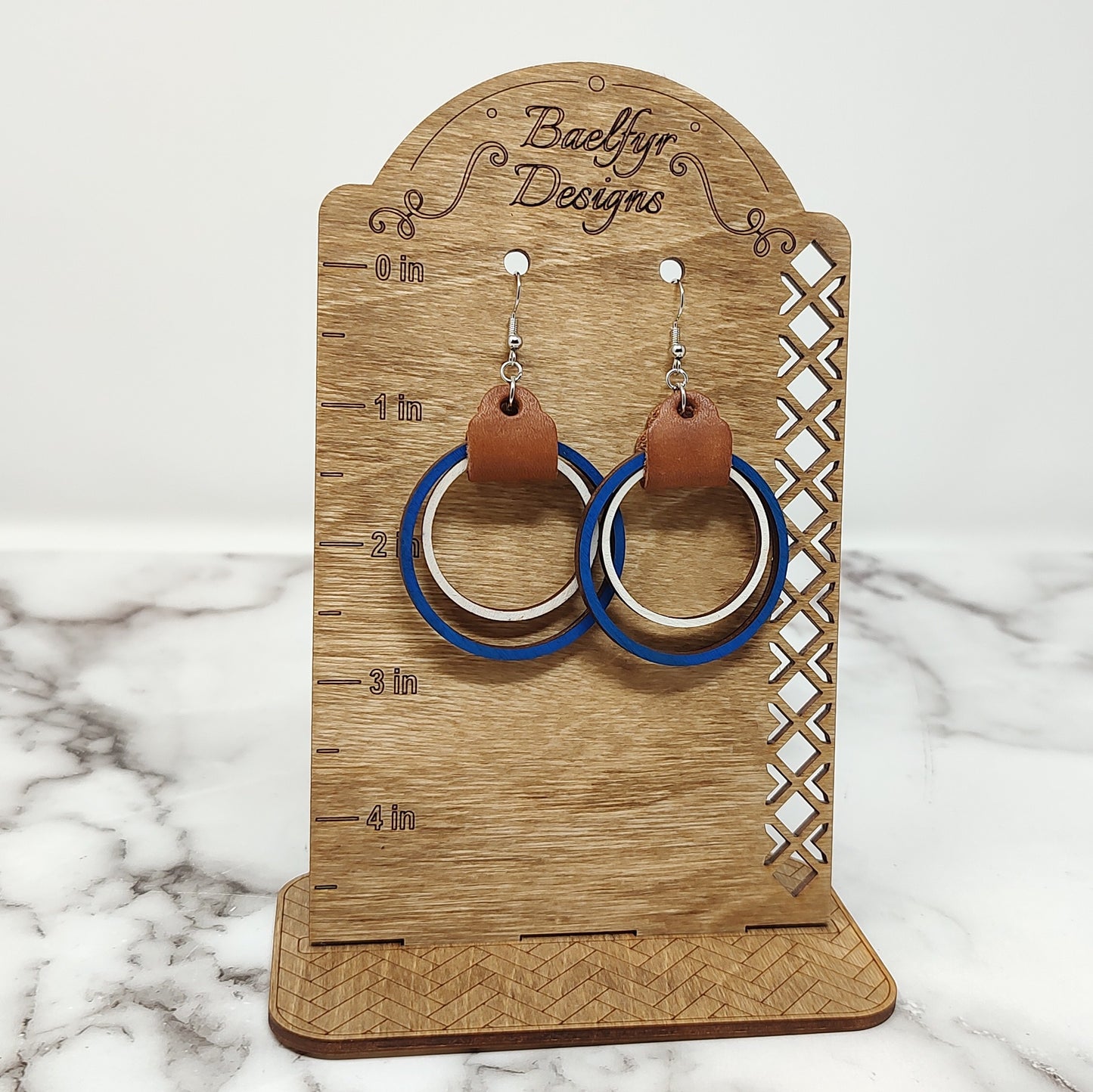 Blue and White Wooden Hoop Earrings