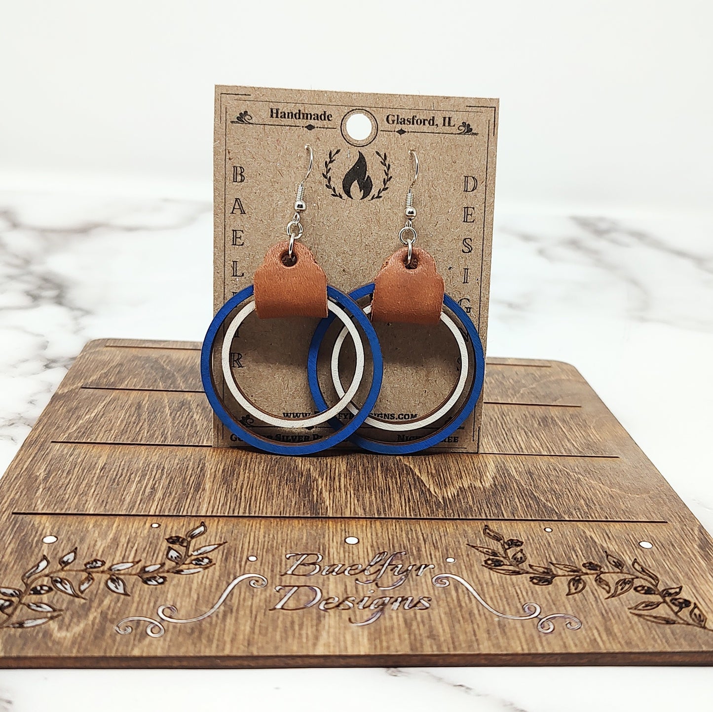 Blue and White Wooden Hoop Earrings