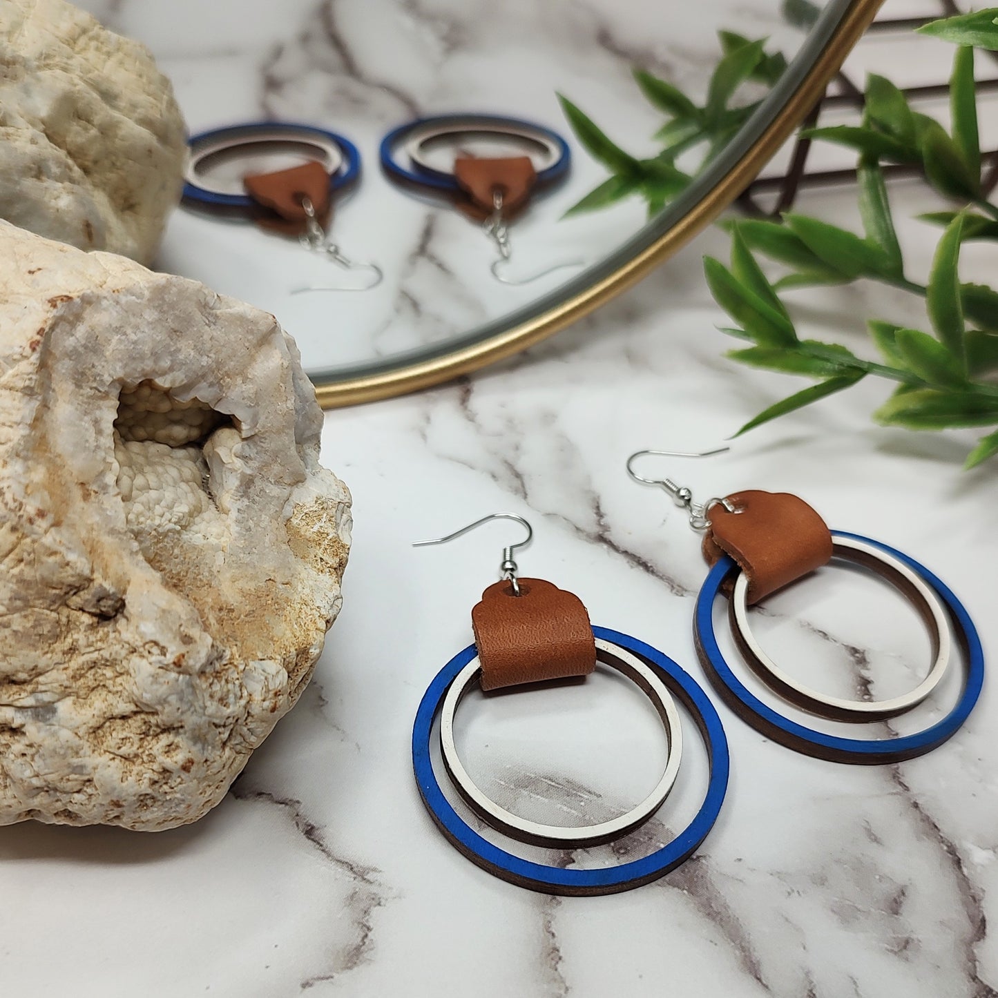 Blue and White Wooden Hoop Earrings