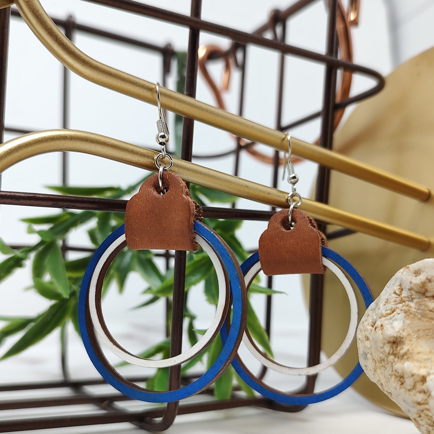 Blue and White Wooden Hoop Earrings