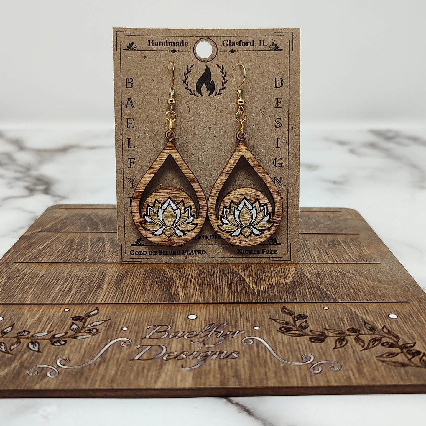 Gold and White Lotus Flower Wooden Earrings