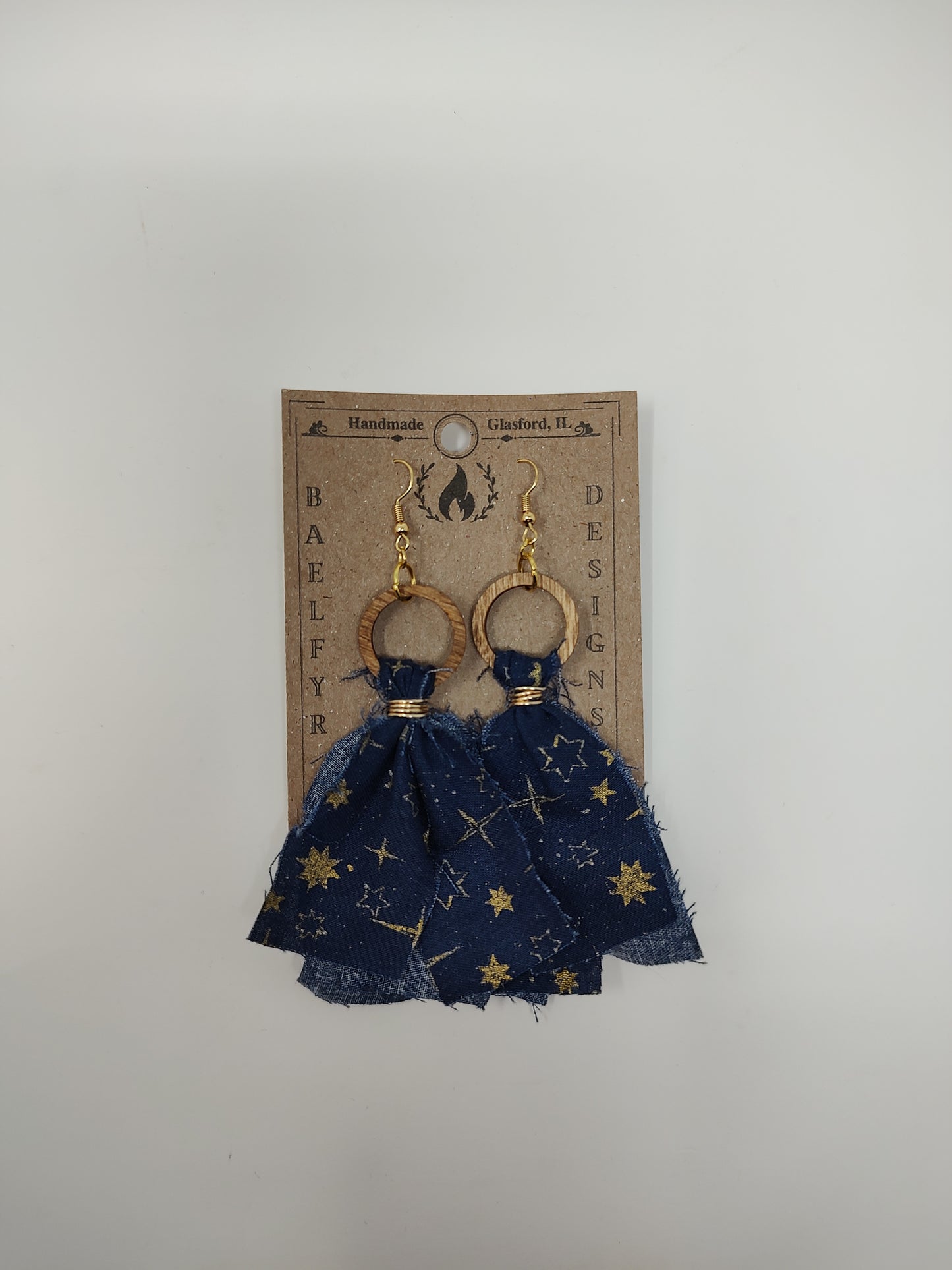 Blue with Gold Stars Cotton Earrings