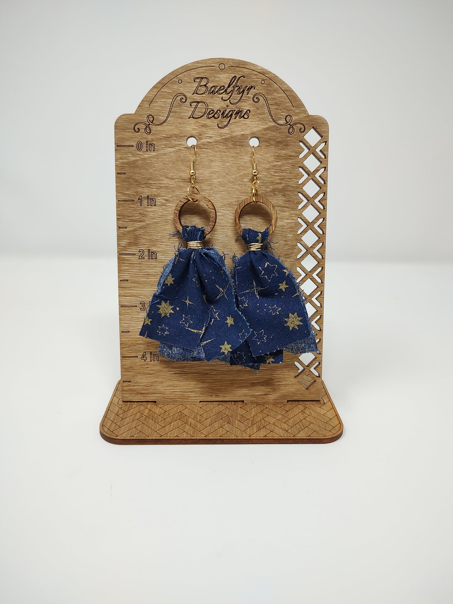 Blue with Gold Stars Cotton Earrings