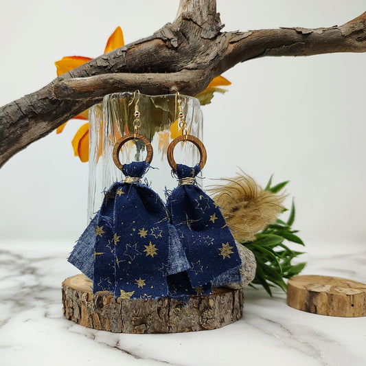 Blue with Gold Stars Cotton Earrings