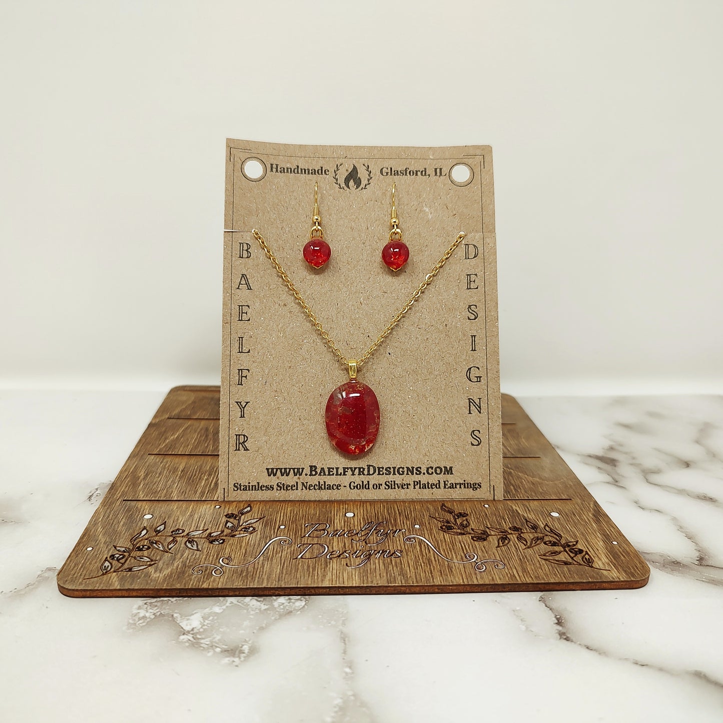 Apple Red Fused Glass Gold Jewelry Set