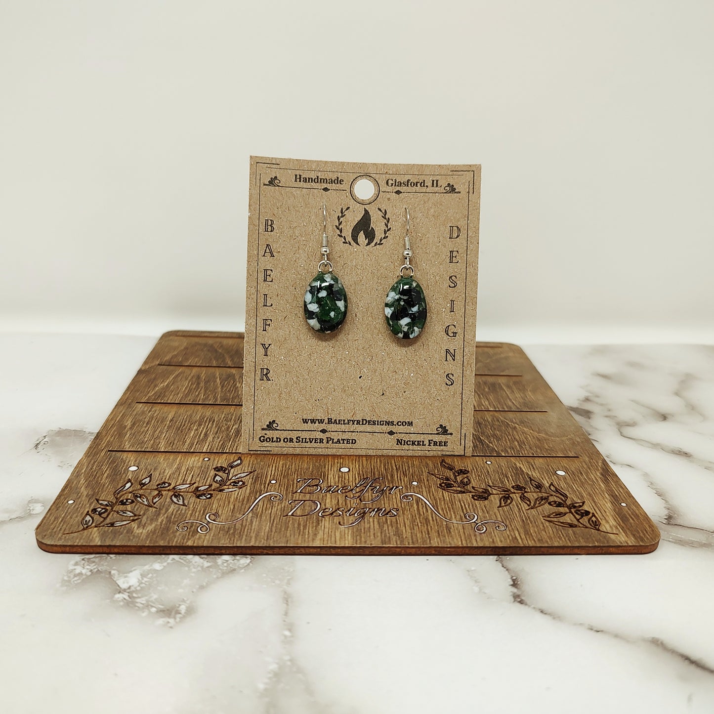 Dark Green and White Fused Glass Silver Earrings