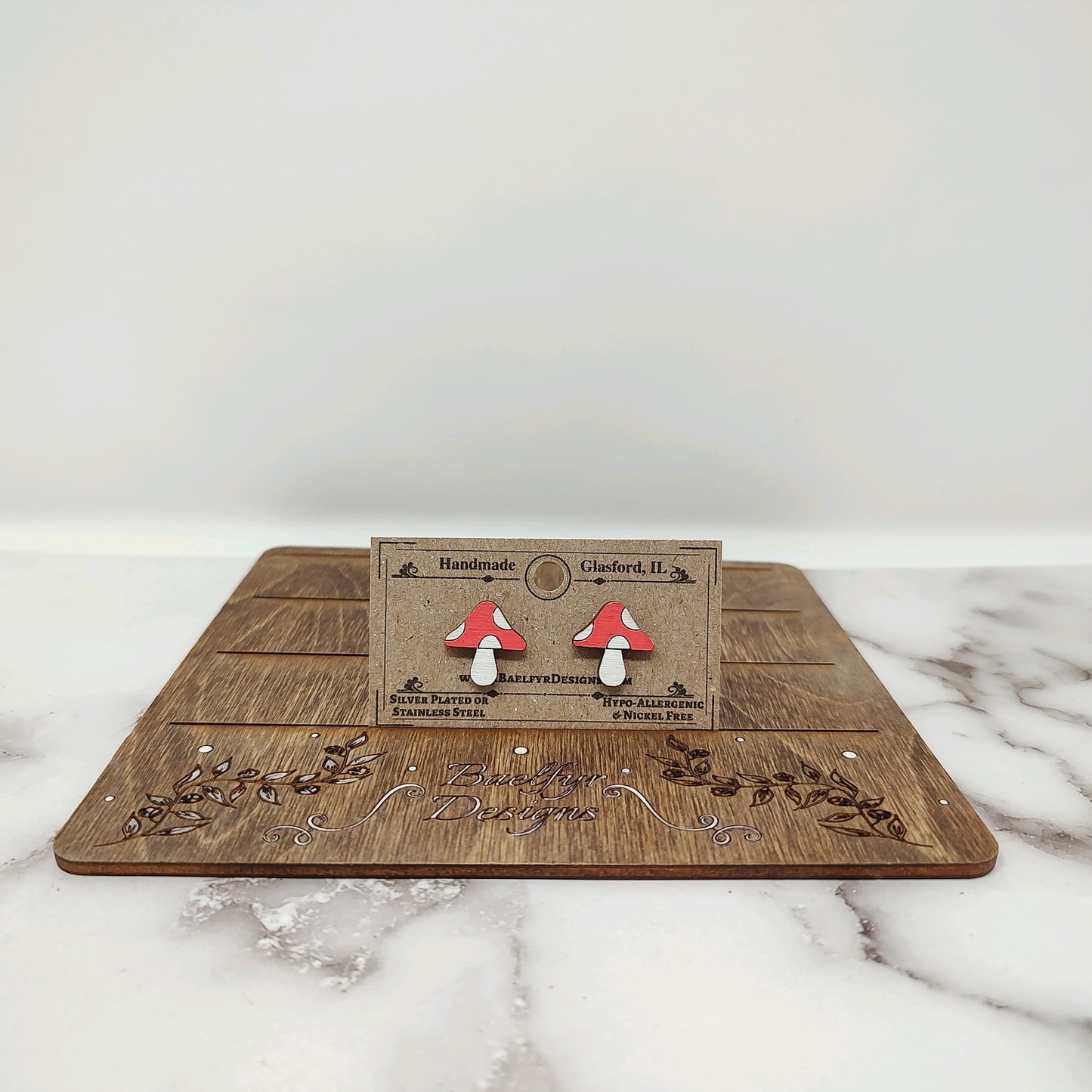 Red Mushroom Wooden Stud Earrings