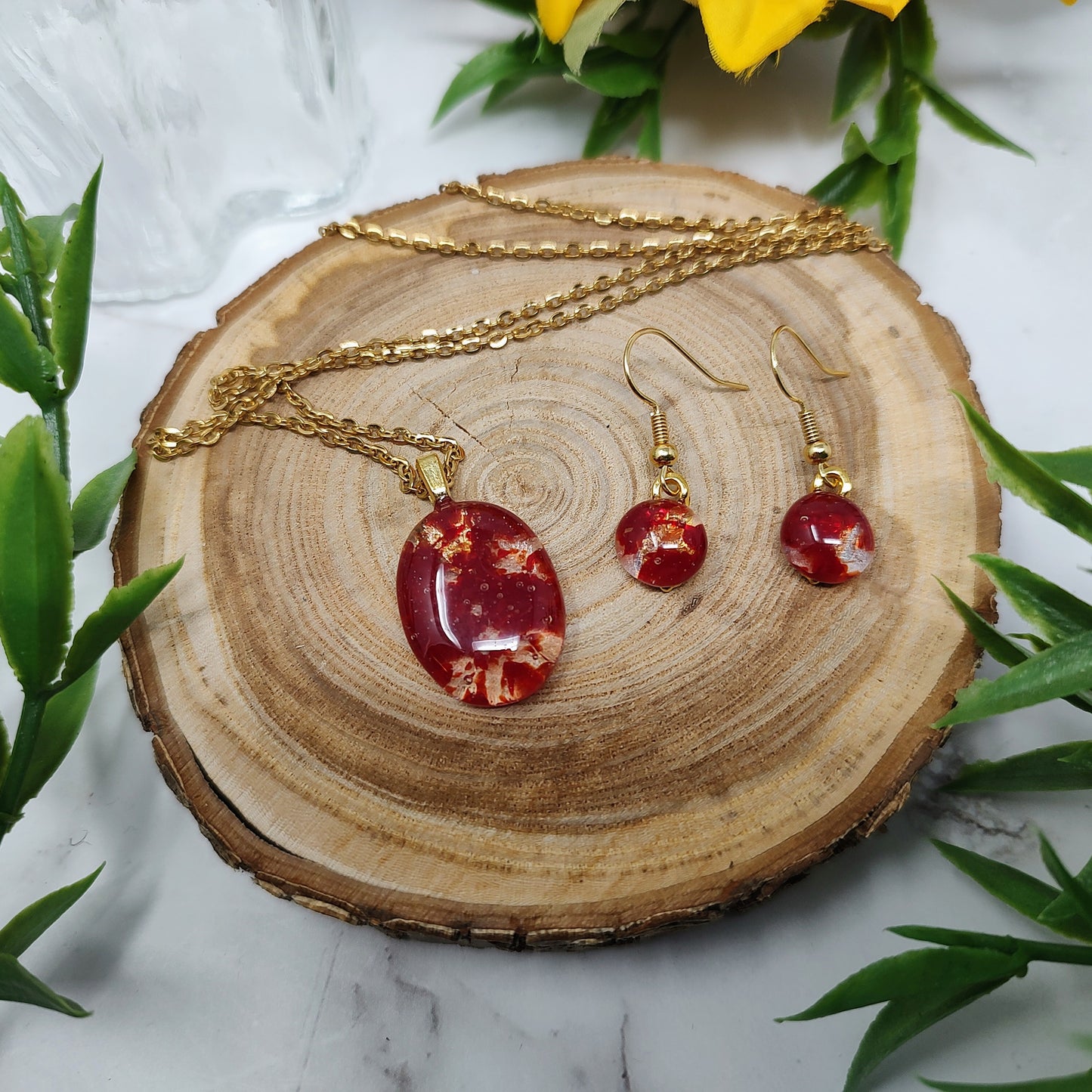 Apple Red Fused Glass Gold Jewelry Set