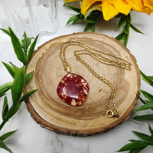 Apple Red Large Diamond Shape Fused Glass Gold Necklace