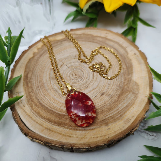 Apple Red Oval Fused Glass Gold Necklace