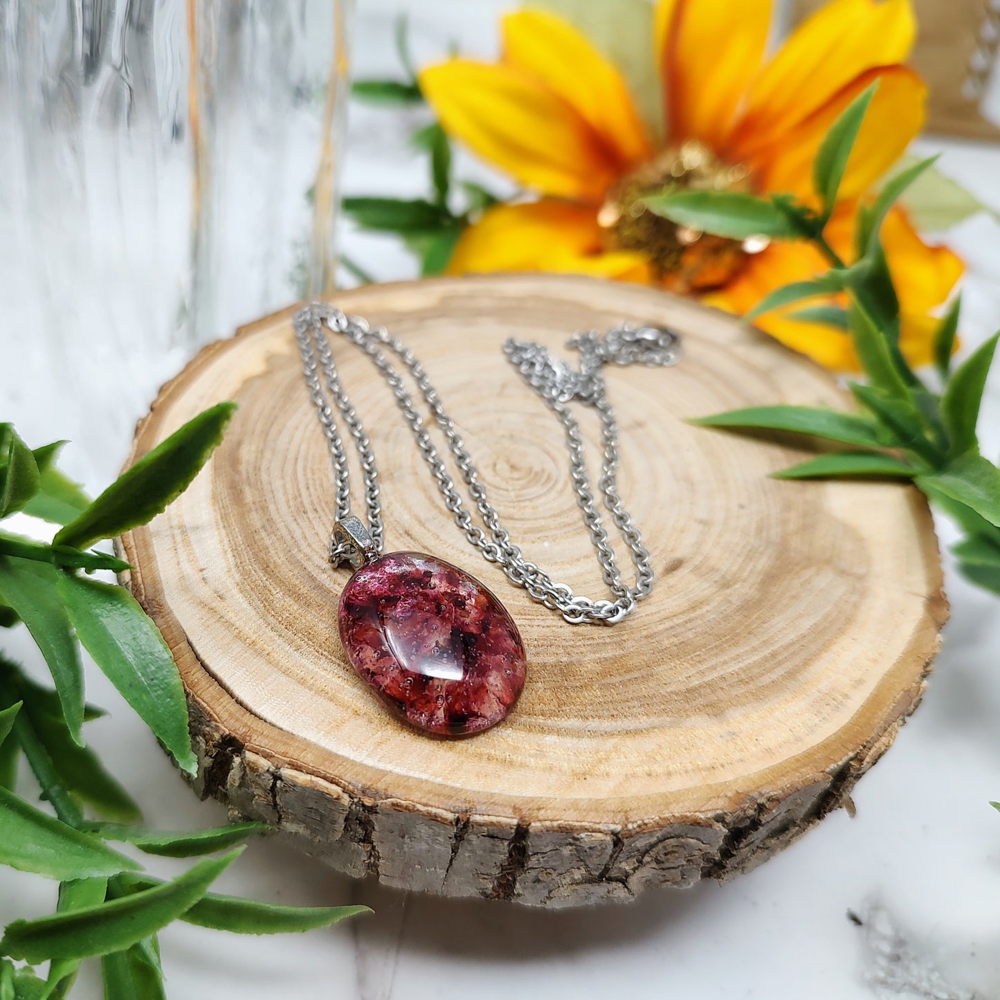 Autumn Leaves Oval Fused Glass Silver Necklace