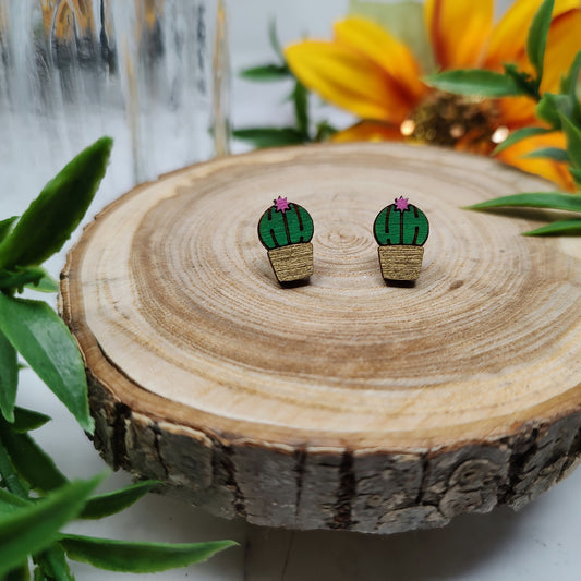 Ball Cactus Wooden Stud Earrings