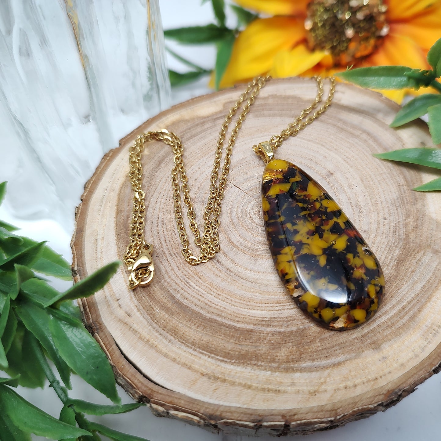 Black and Yellow Large Teardrop Pendant Fused Glass Gold Necklace