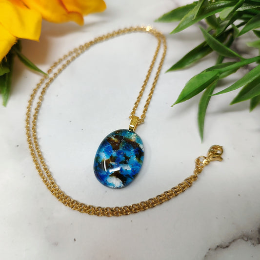 Brown Eyes Blue Oval Fused Glass Gold Necklace