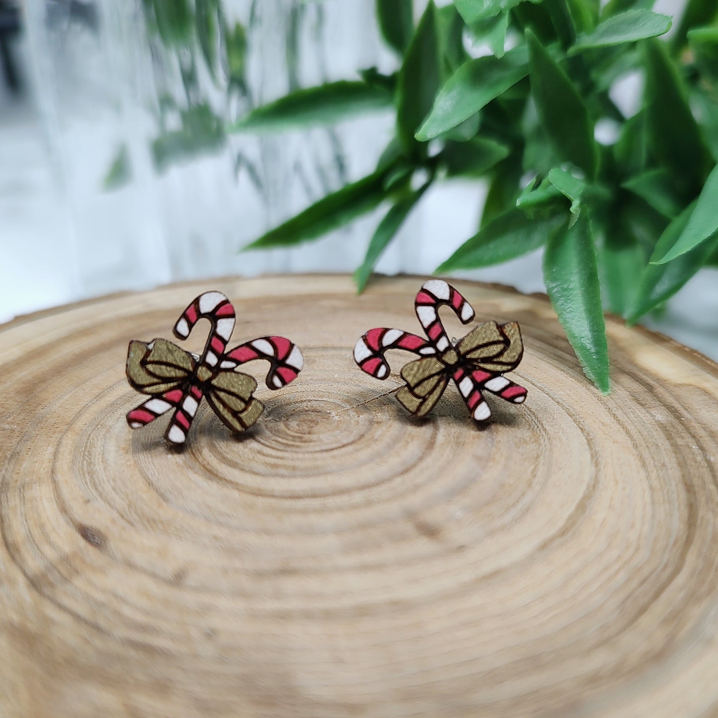 Candy Cane Wooden Stud Earrings