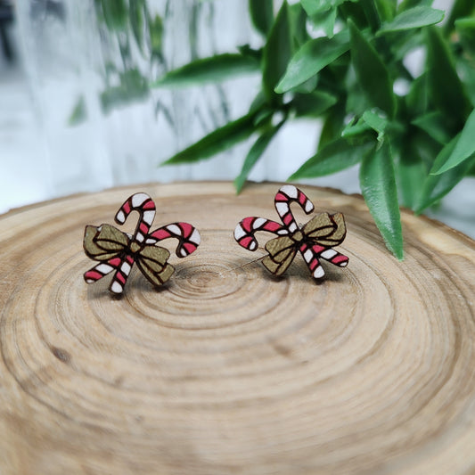 Candy Cane Wooden Stud Earrings