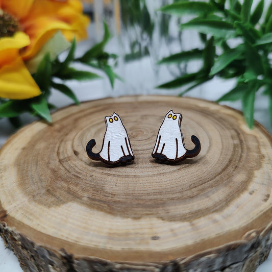 Ghost Cat Wooden Stud Earrings