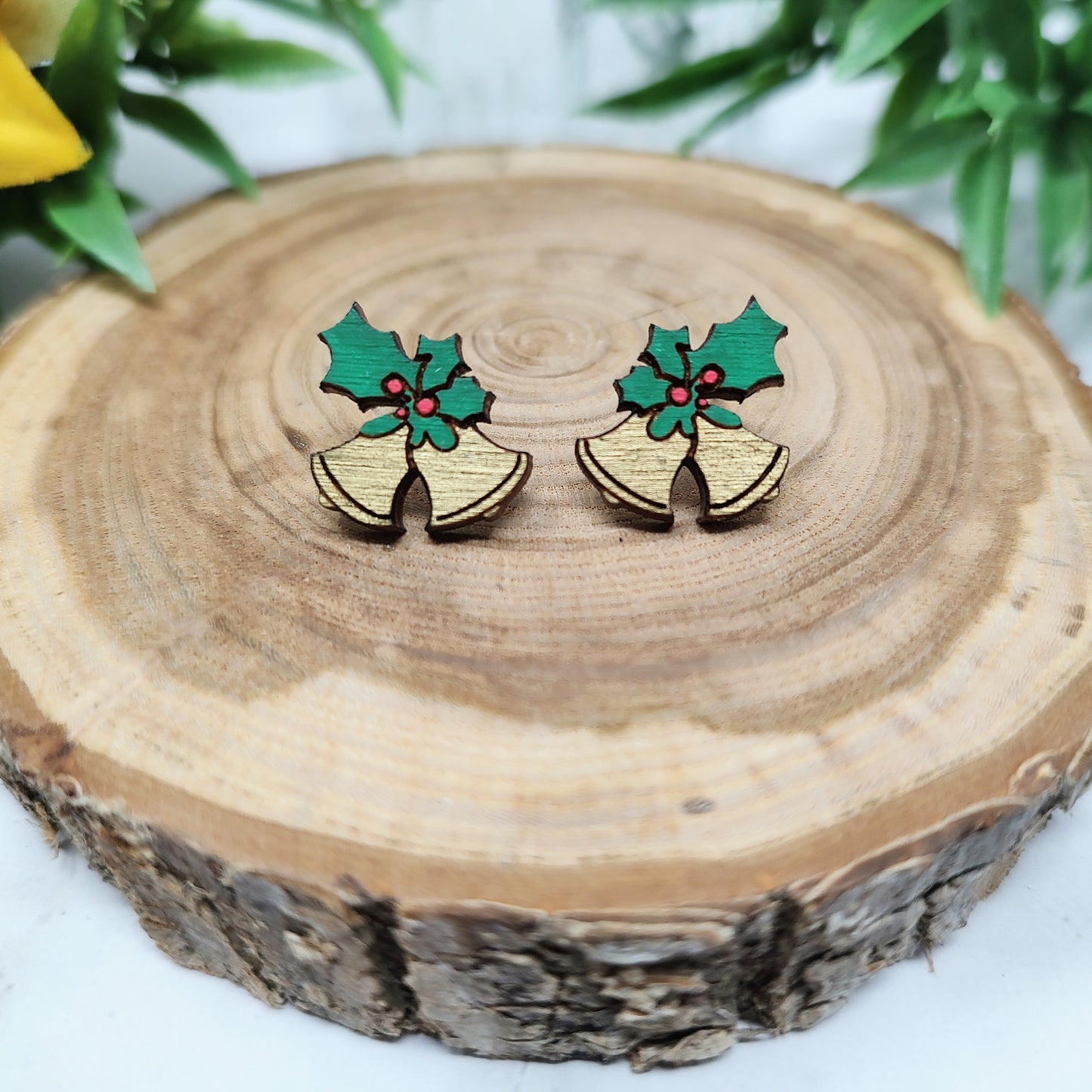 Gold Bells with Holly Wooden Stud Earrings