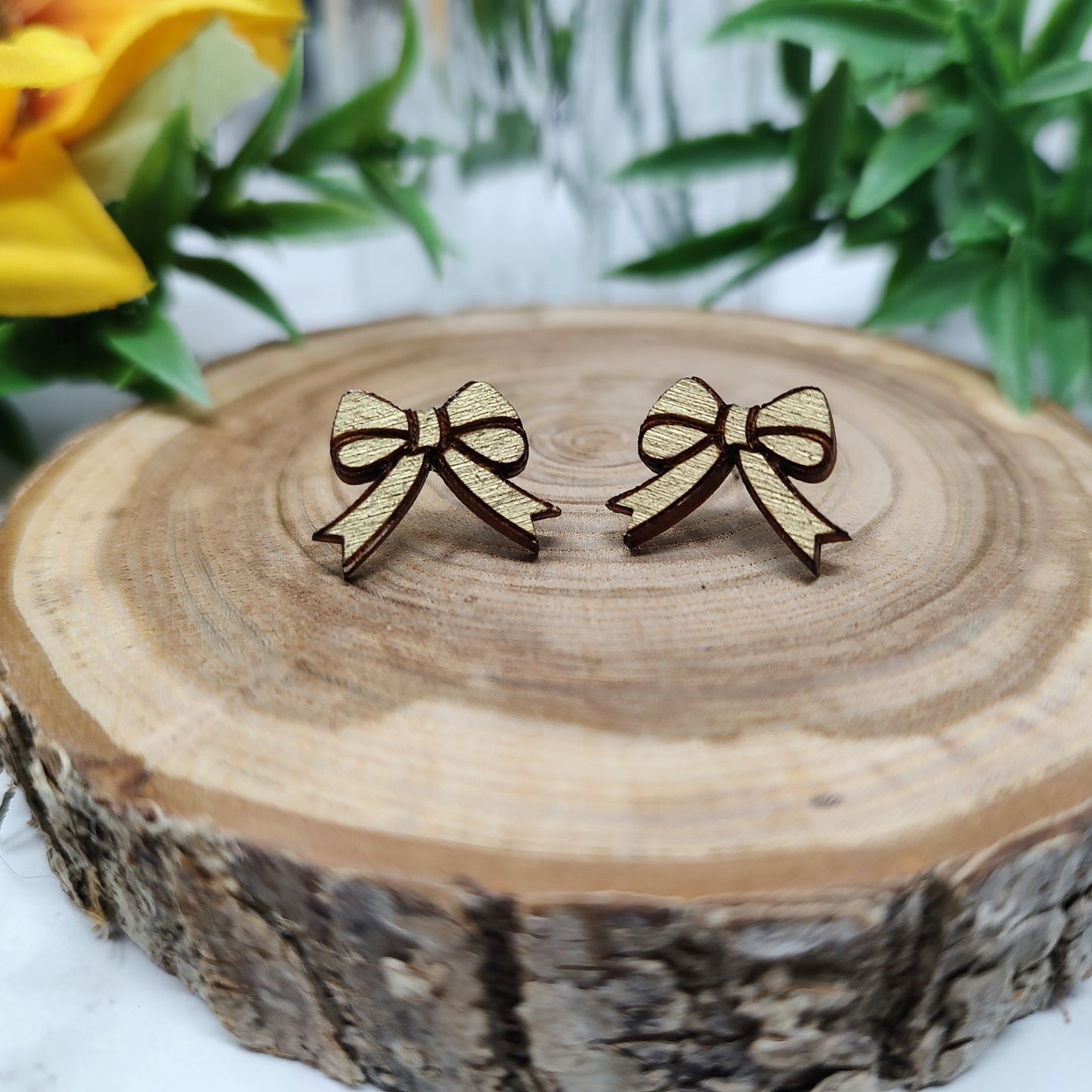 Gold Bow Wooden Stud Earrings