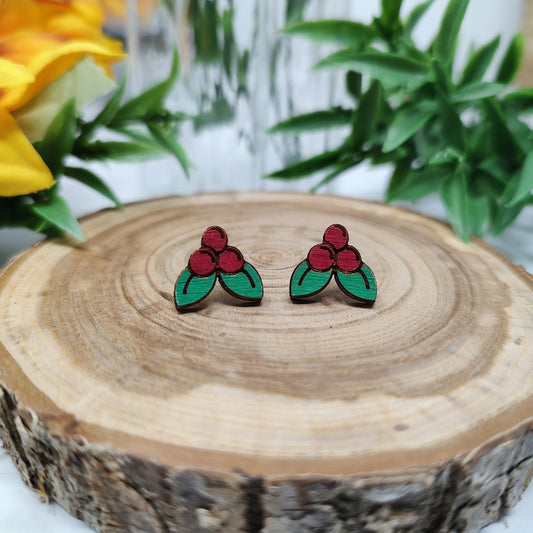 Holly Berry Cluster Wooden Stud Earrings