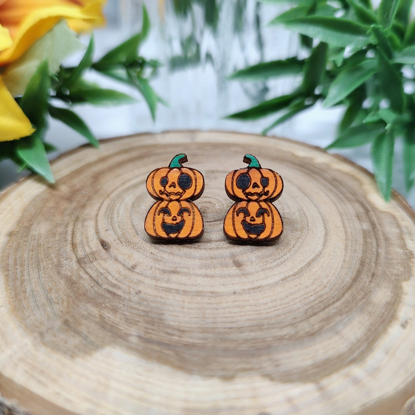 Jack O lantern Wooden Stud Earrings