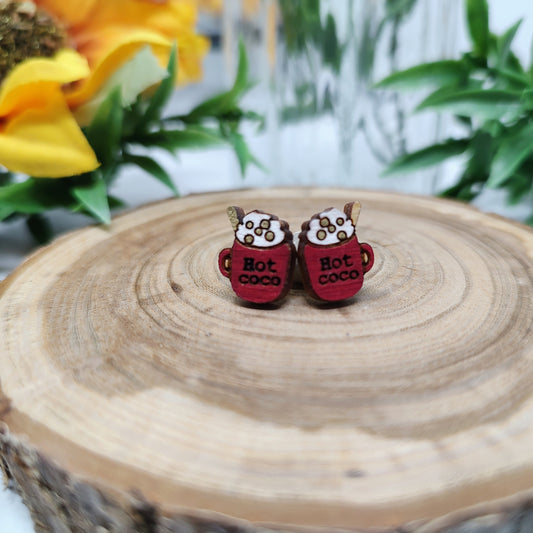 Mug of Hot Chocolate Wooden Stud Earrings