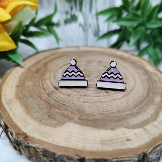 Purple Beanie Hat Wooden Stud Earrings