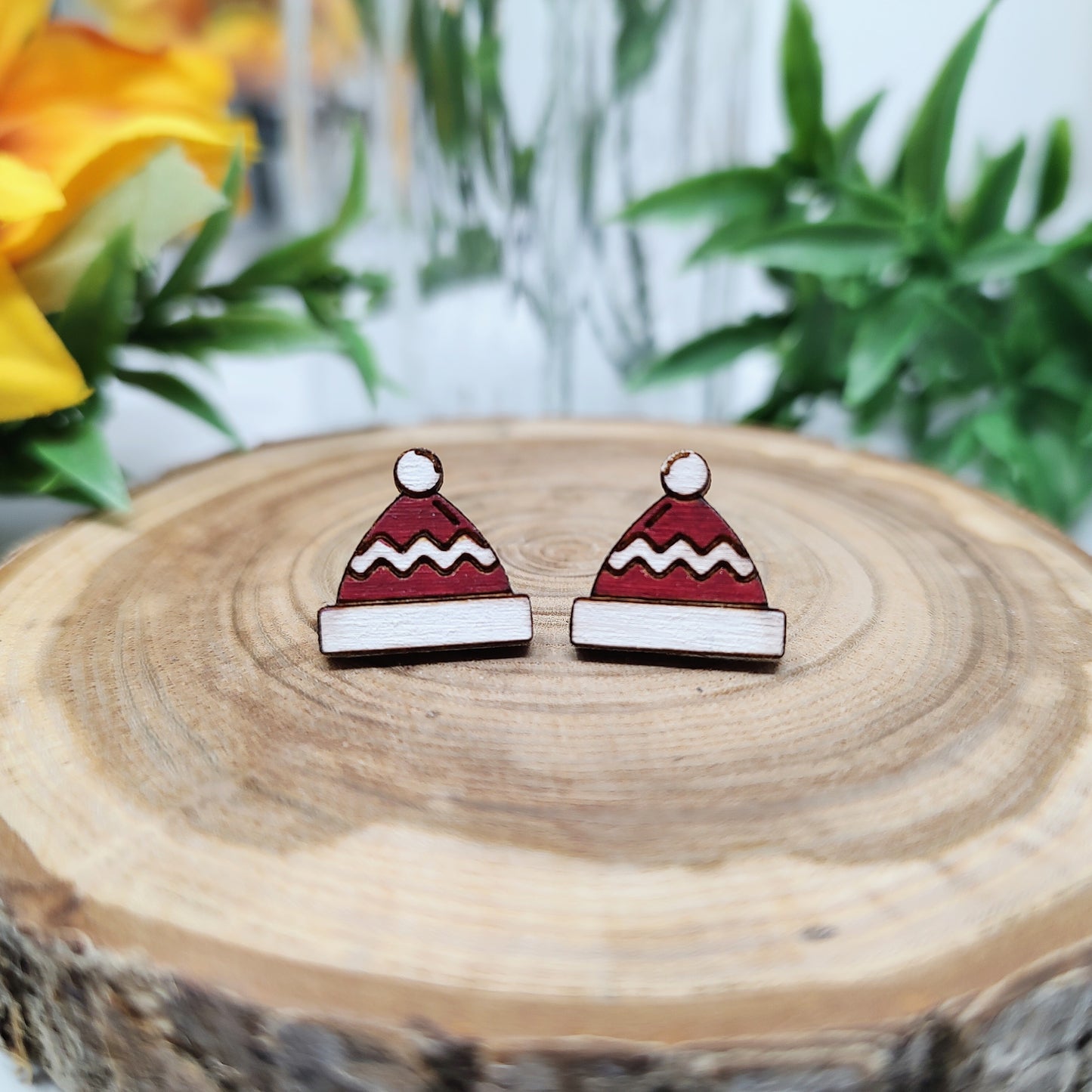 Red Beanie Hat Wooden Stud Earrings