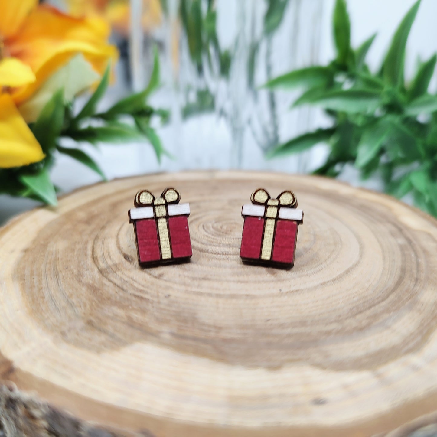 Red Gift Wooden Stud Earrings