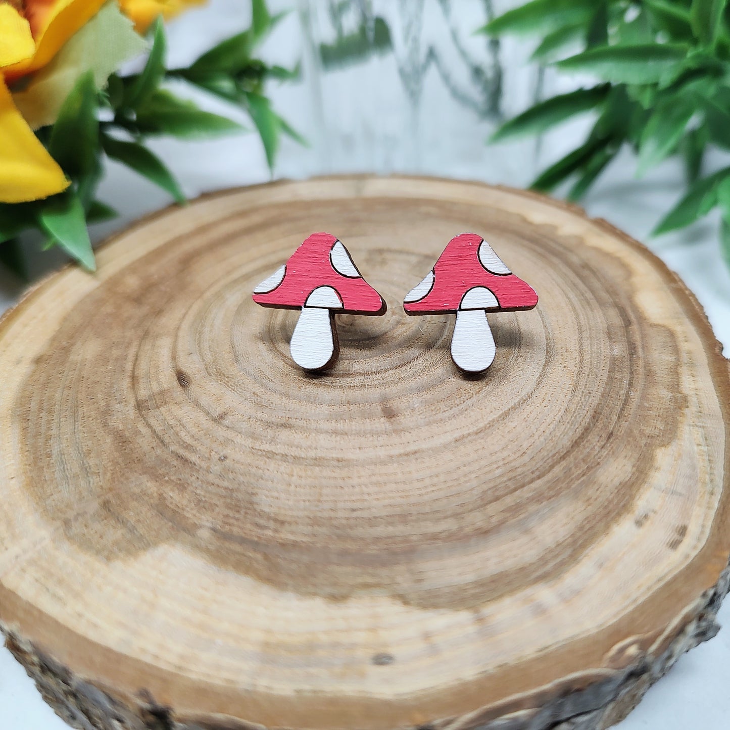 Red Mushroom Wooden Stud Earrings