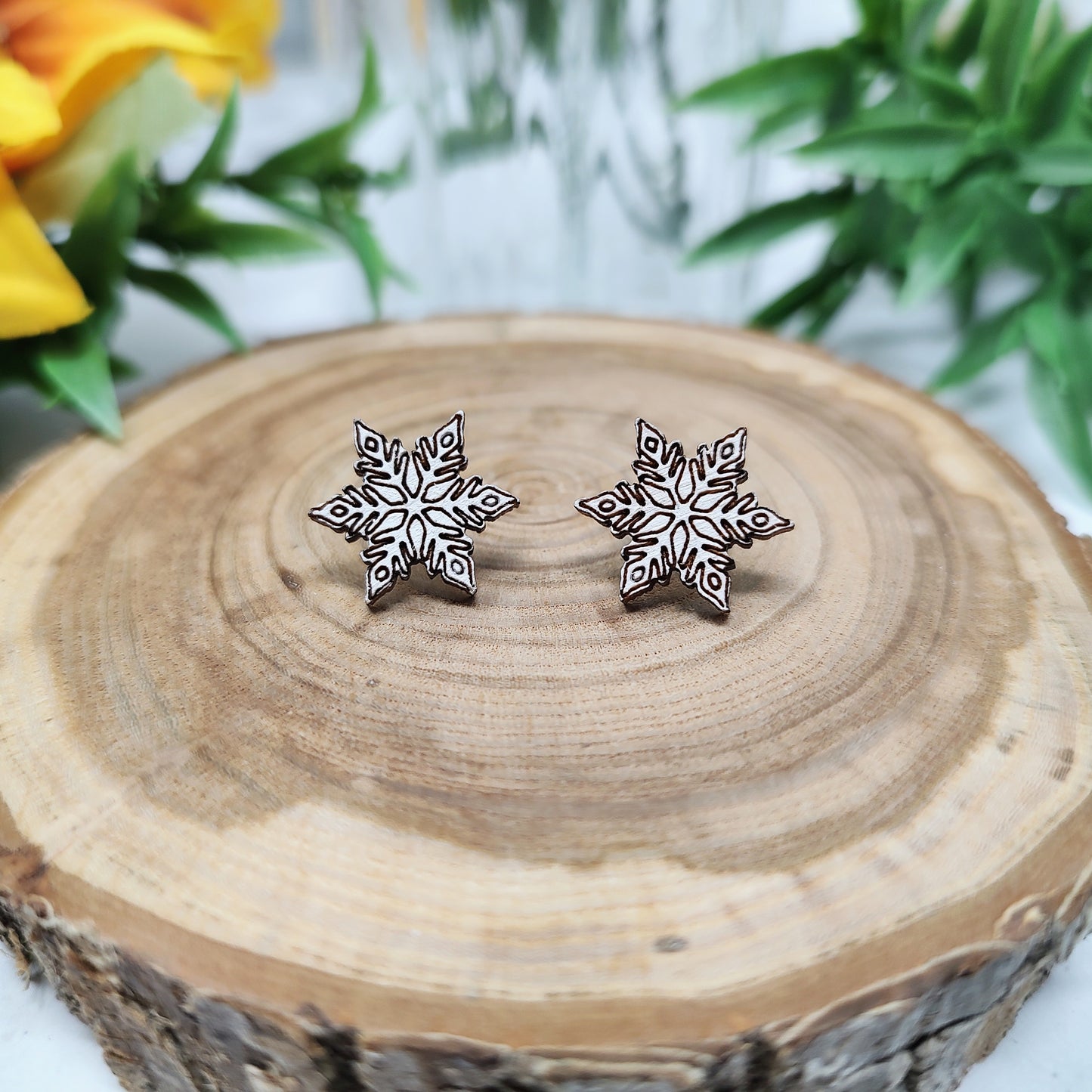 Snowflake Wooden Stud Earrings