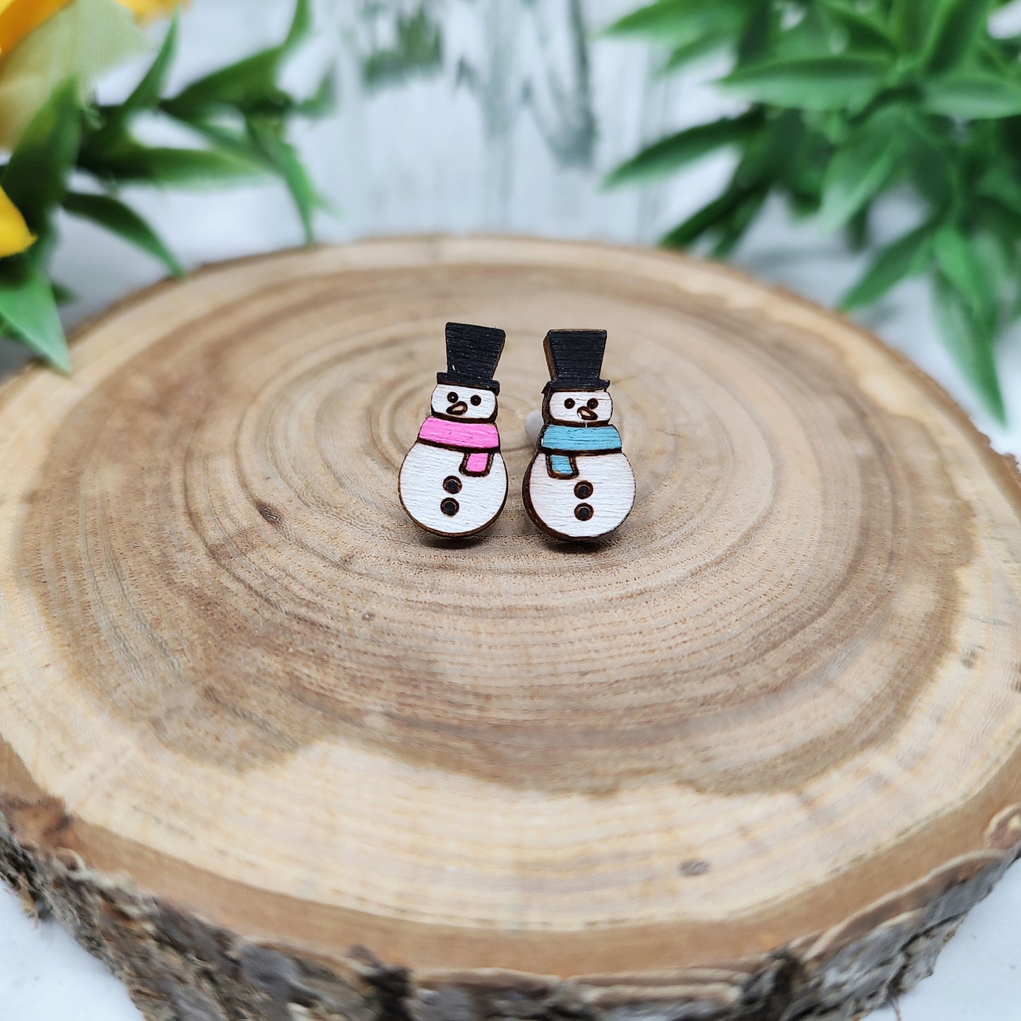 Snowman Pink and Blue Scarves Wooden Stud Earrings