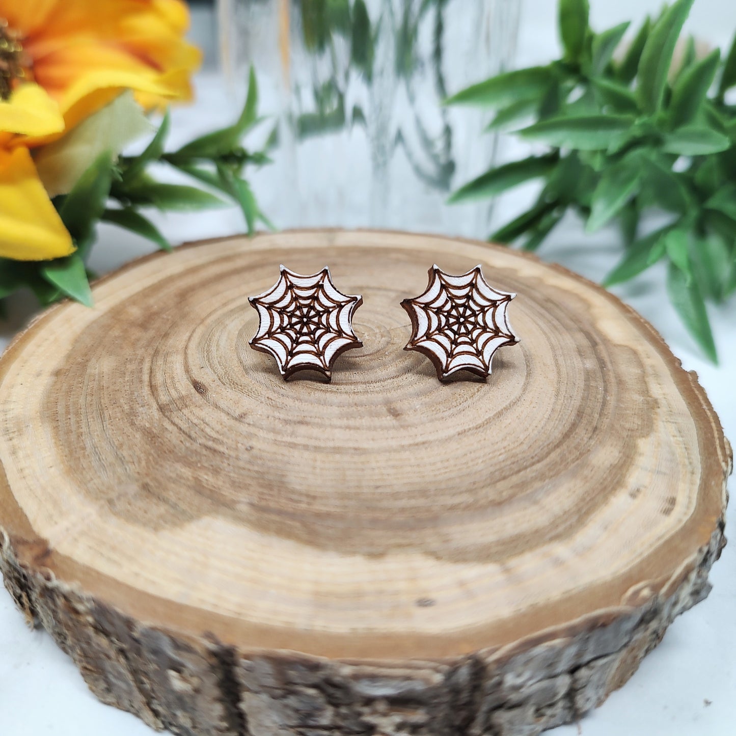 Spider Web Wooden Stud Earrings