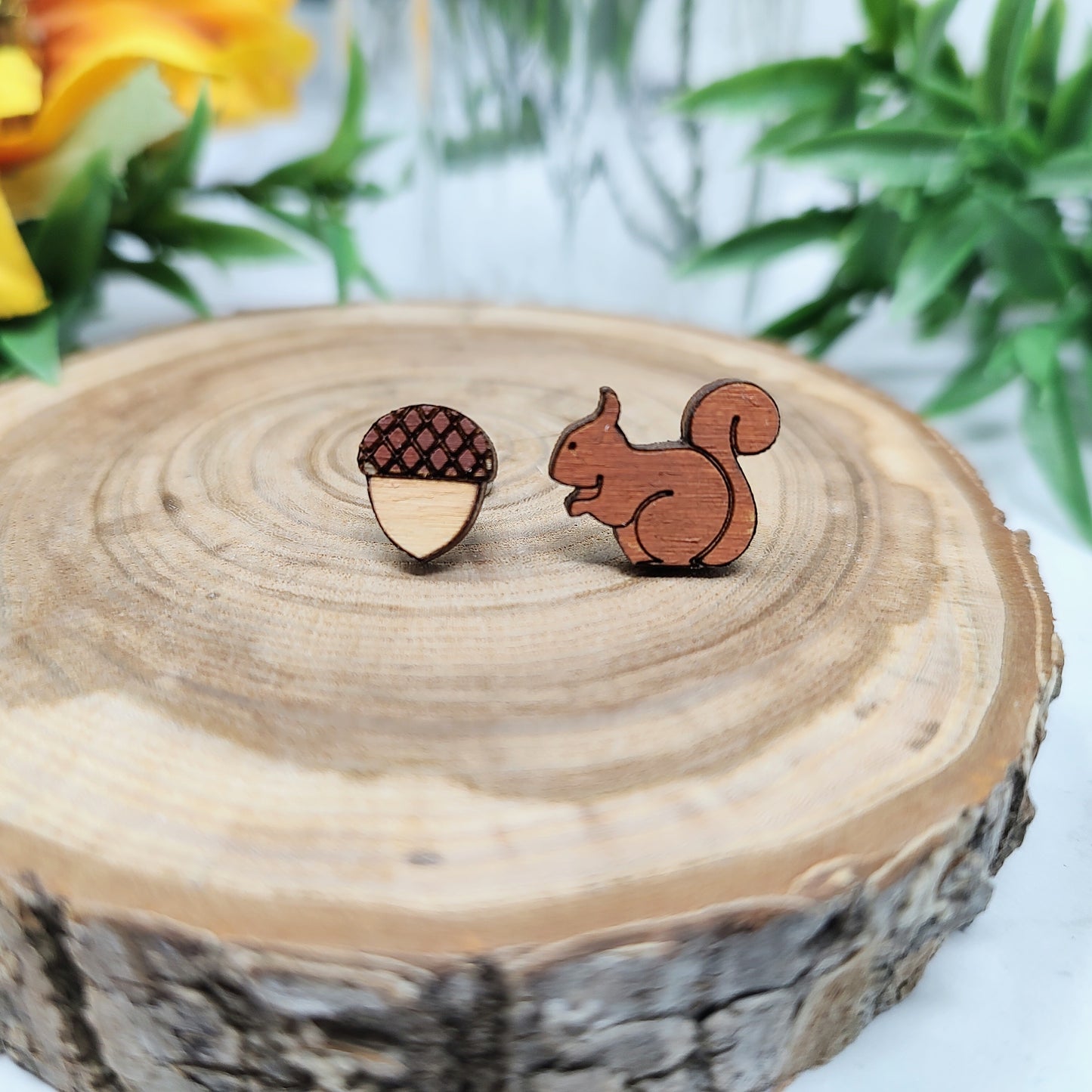 Squirrel & Acorn Wooden Stud Earrings