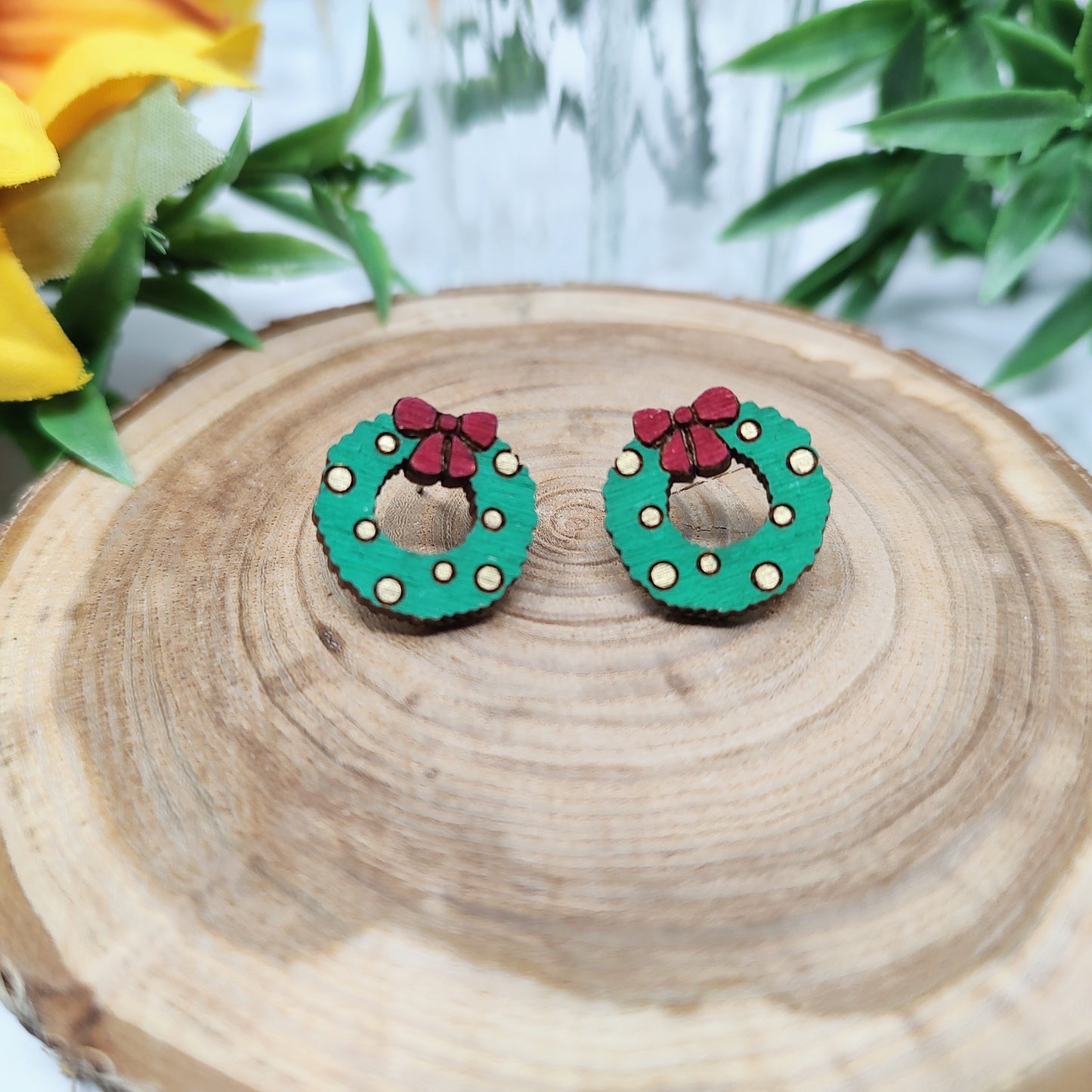 Wreath Wooden Stud Earrings