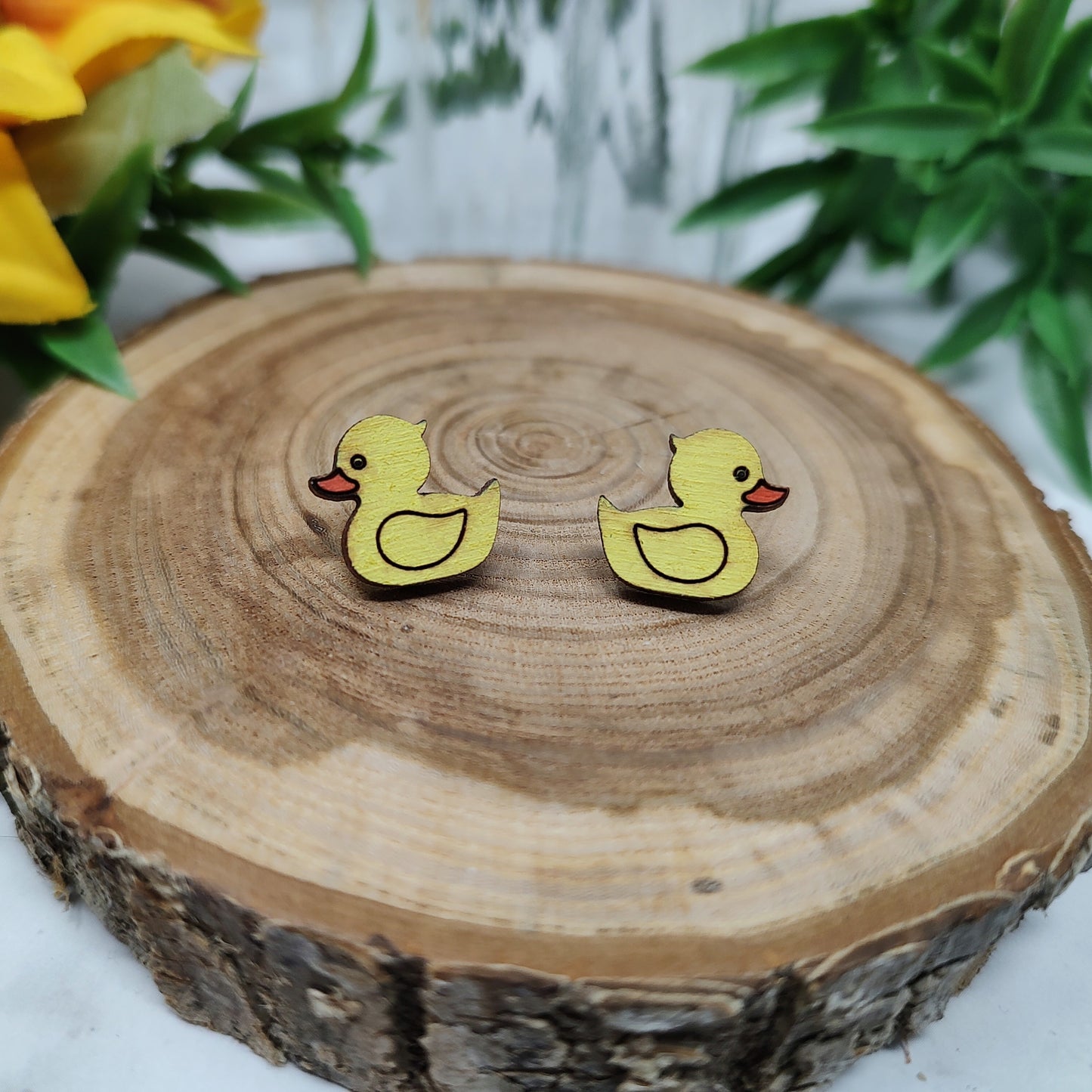 Yellow Duck Wooden Stud Earrings