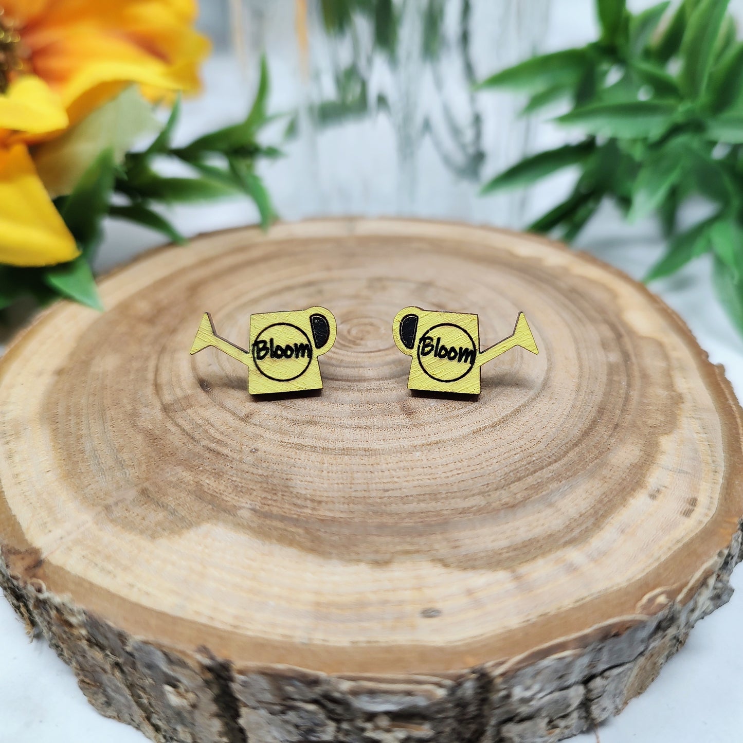 Yellow Watering Can Wooden Stud Earrings