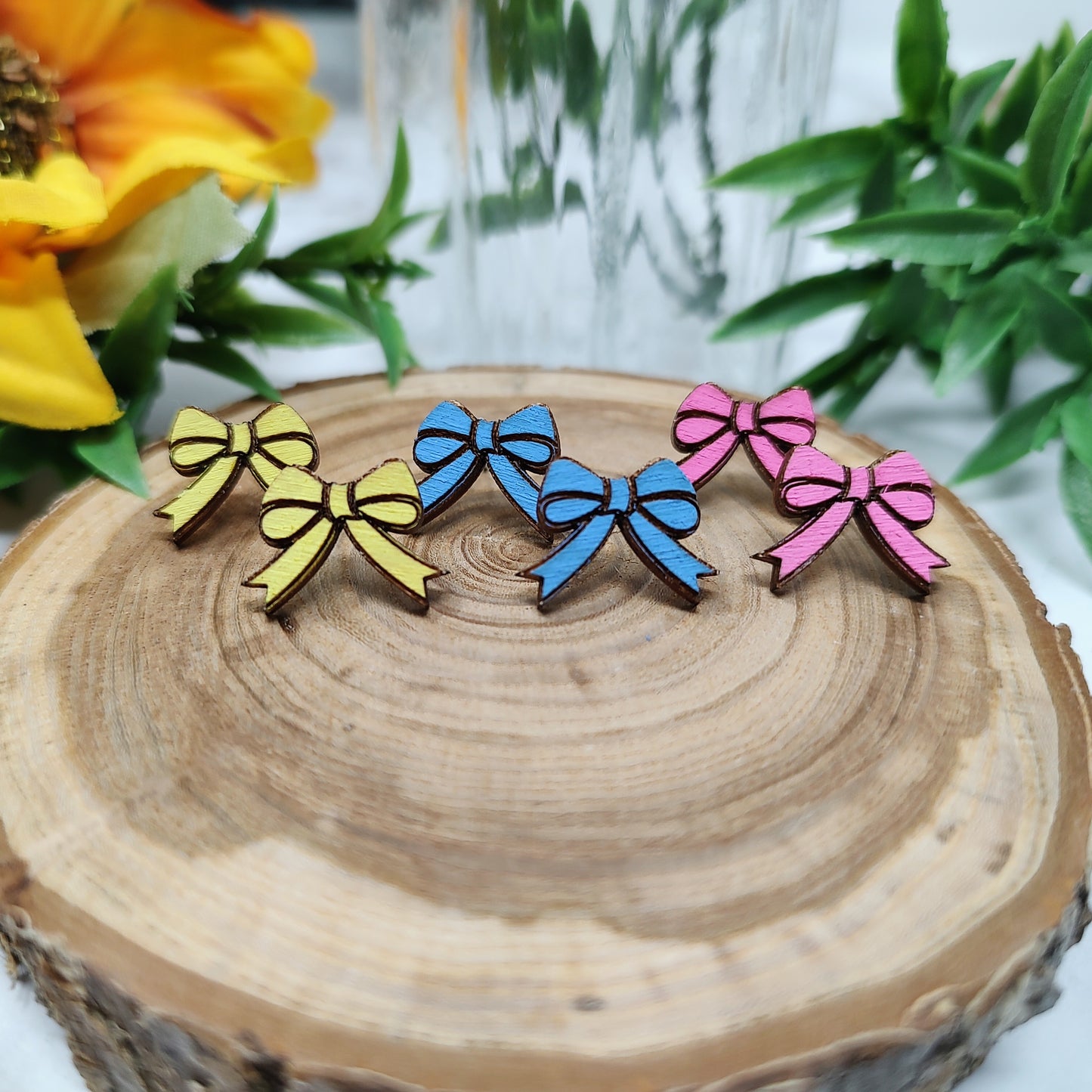 Yellow, Blue and Pink Bows Wooden Stud Earrings