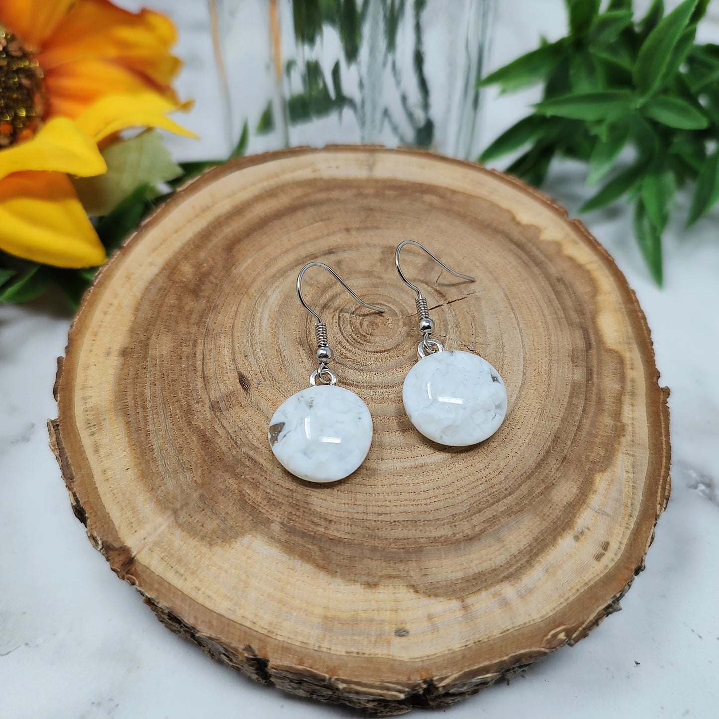 White Fused Glass Silver Earrings