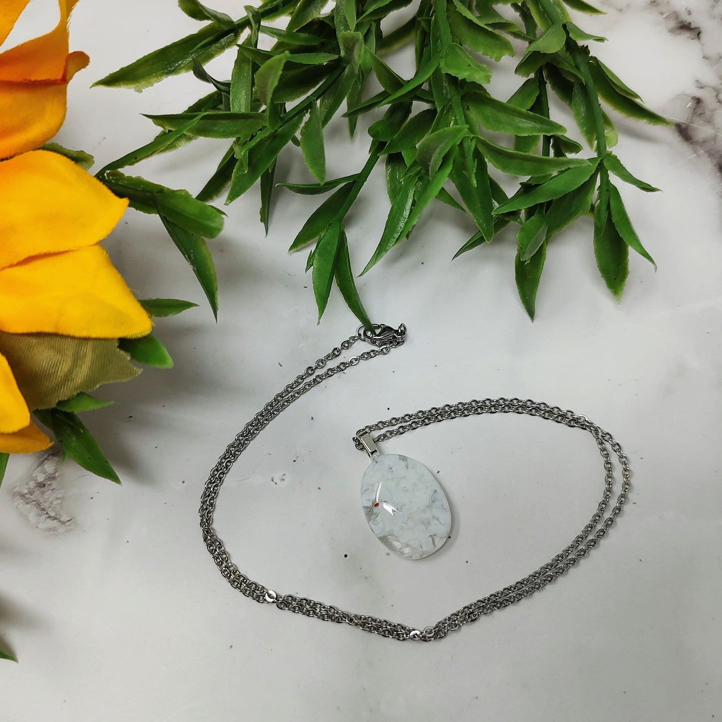 White Oval Fused Glass Silver Necklace