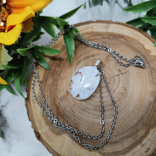 White Oval Fused Glass Silver Necklace