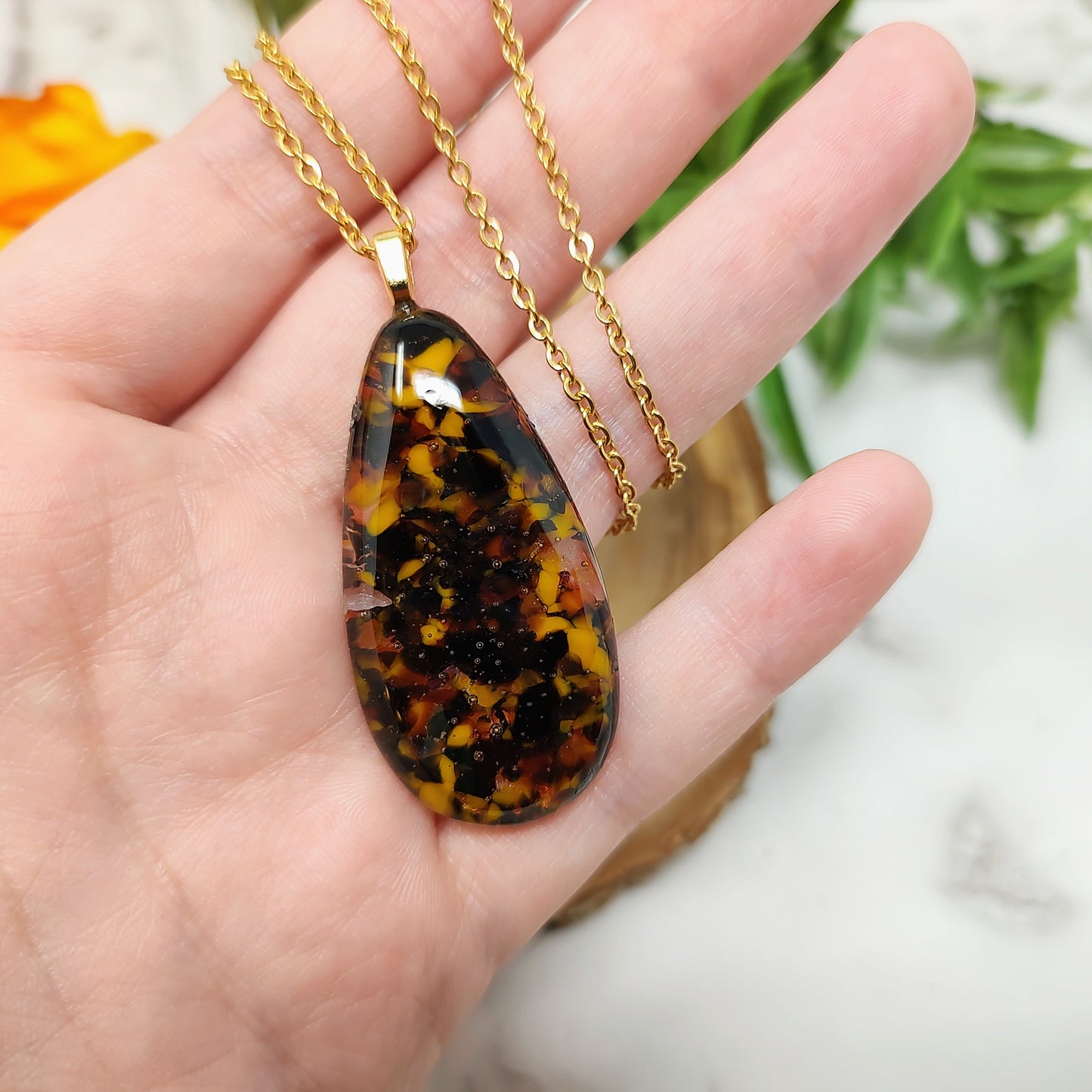 Yellow and Black Large Teardrop Pendant Fused Glass Gold Necklace