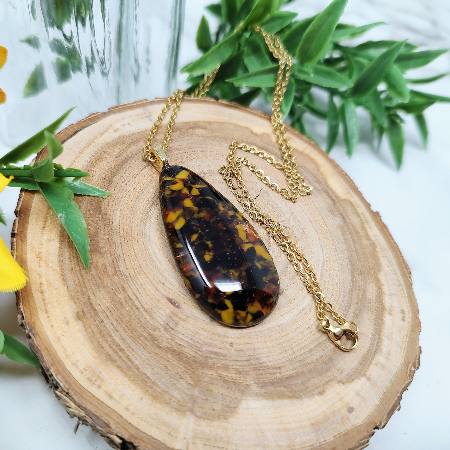 Yellow and Black Large Teardrop Pendant Fused Glass Gold Necklace