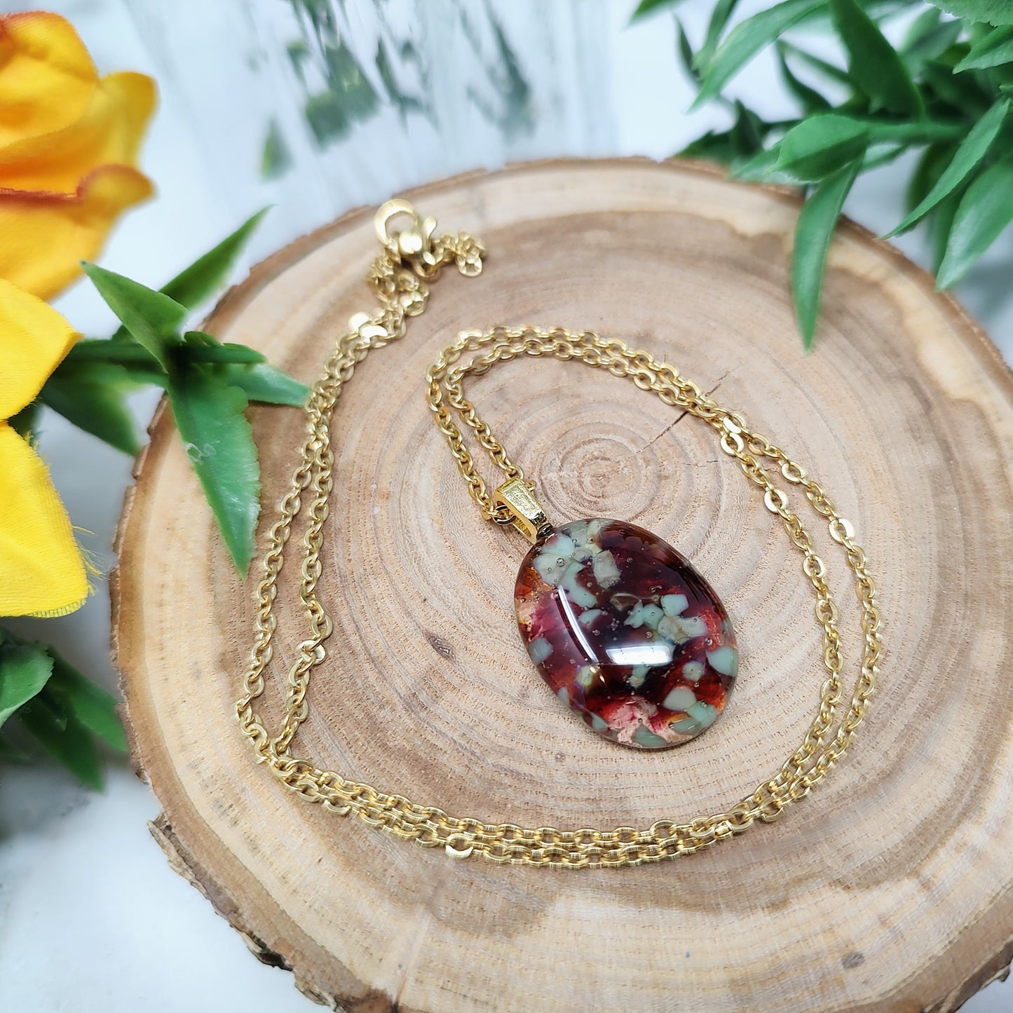 Chili Pepper Oval Fused Glass Gold Necklace