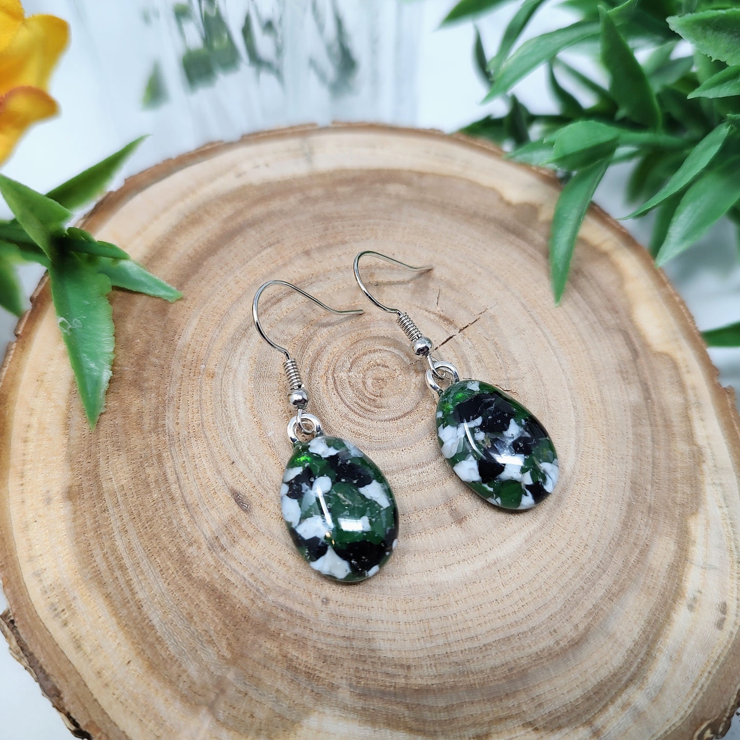 Dark Green and White Fused Glass Silver Earrings